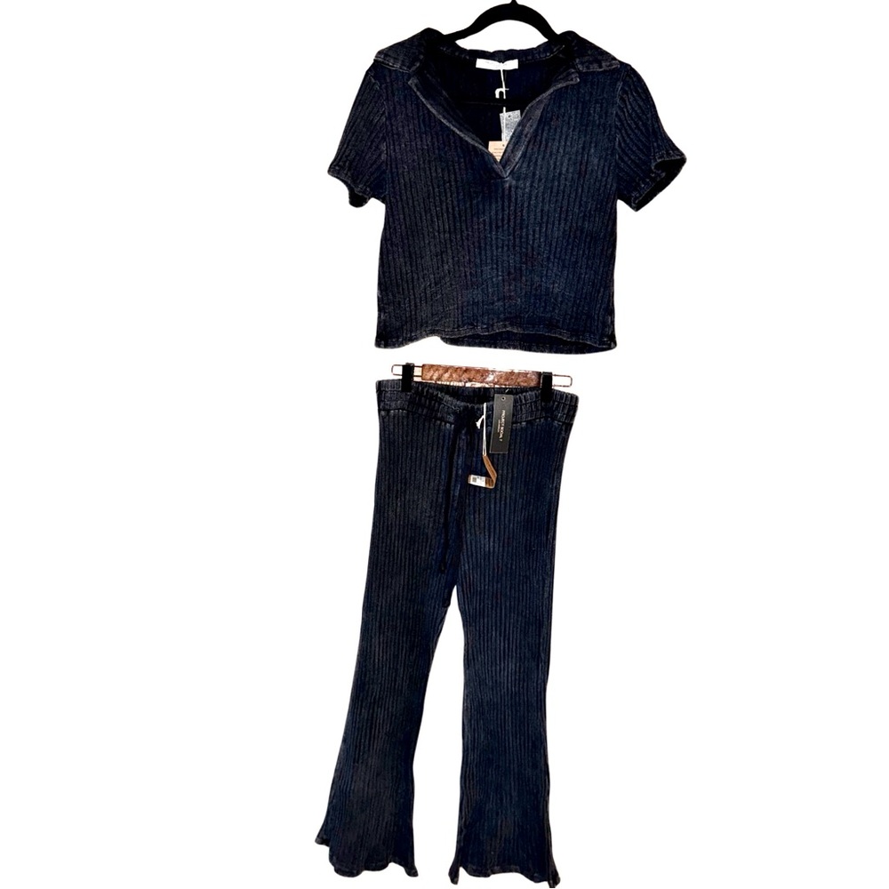 Project Social T Ribbed Two Piece Lounge Set Crop Top Pants Washed Black S